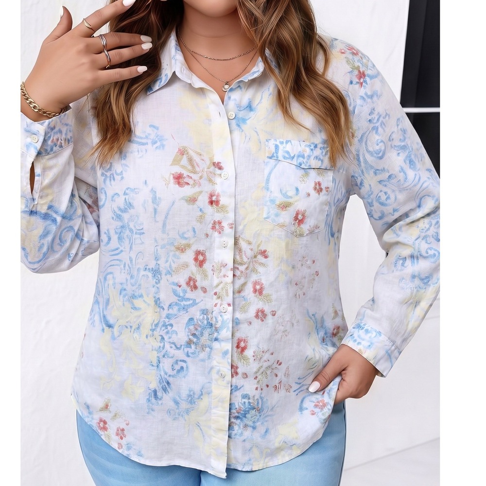 Dana Buchman Women 100%‎ Linen Floral Button Down Shirt Cream Pink Size 16